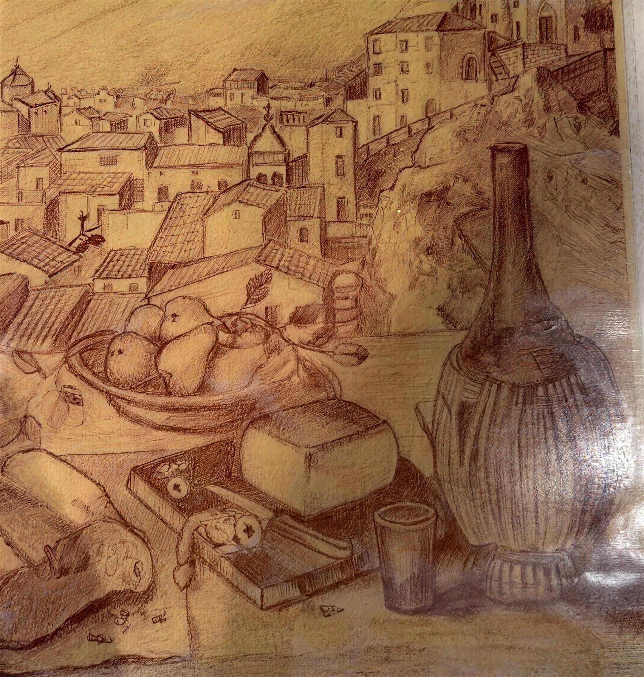 Pencil illustration of a hillside Italian town with fruit, cheese and a straw-wrapped wine flask, from the Sorano menu cover